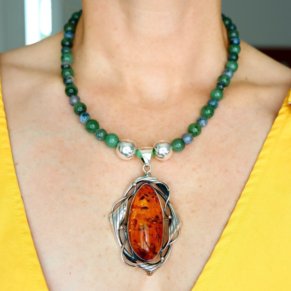 Cognac Amber & Jade Pendant Necklace – 925 Silver – Handmade Statement